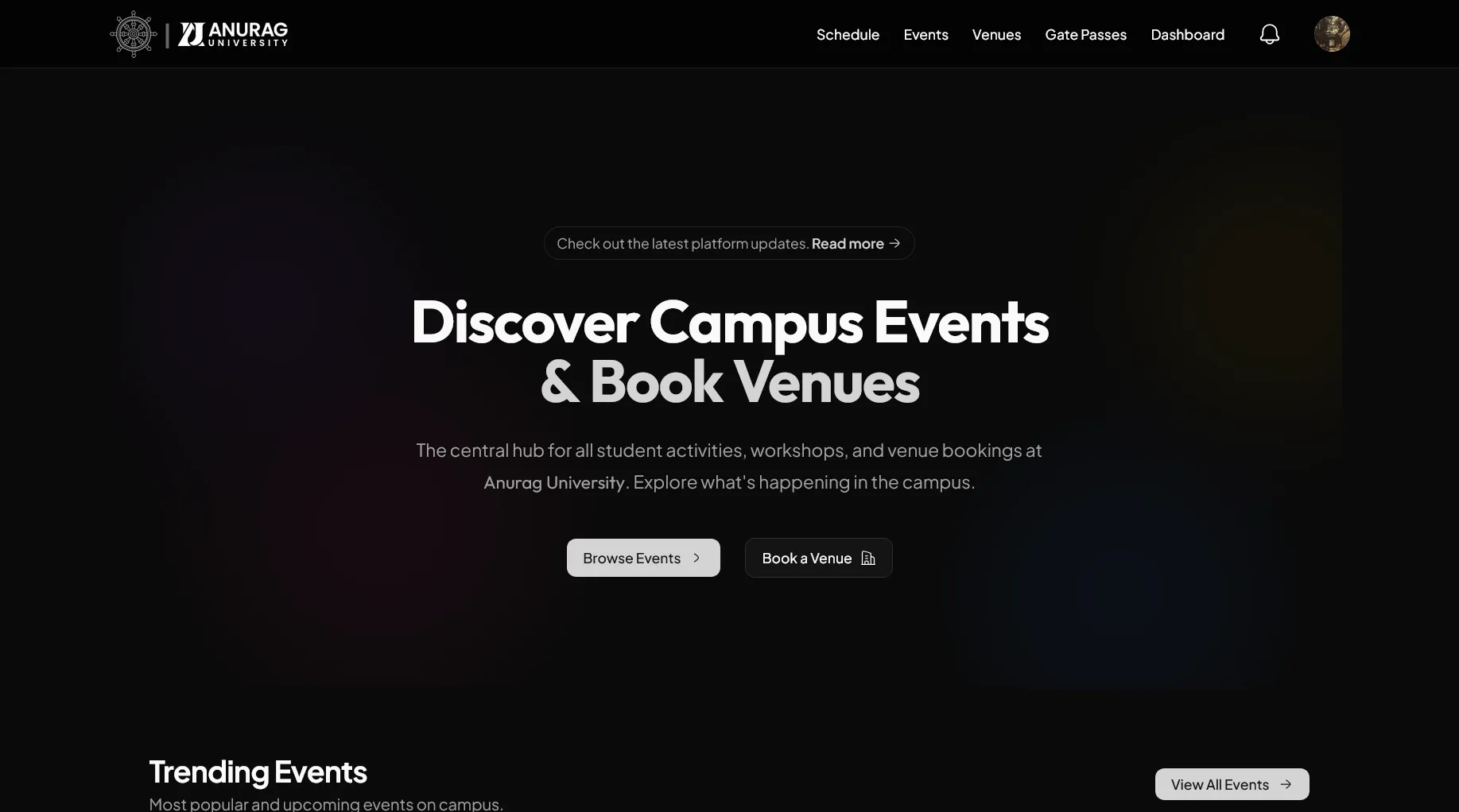 Kāryakramah AU dark campus events and venue booking interface