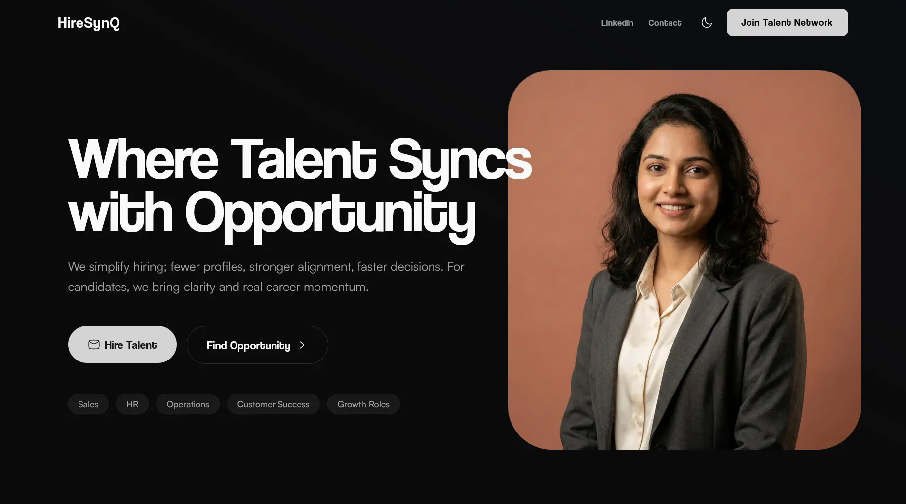 HireSynQ dark homepage focused on talent matching